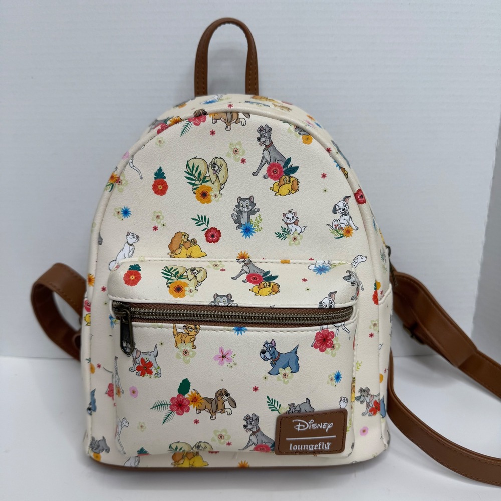 Disney Loungefly Mini Backpack Dogs Cats Floral Cream Lady Tramp Dalmations